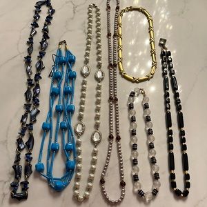 Set of 7 vintage necklaces-Trifari, glass, bezel set stones. Instant wardrobe